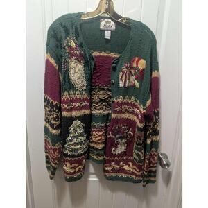 Vintage Christmas Holiday Sweater Cardigan Women's XL Red Tiara International